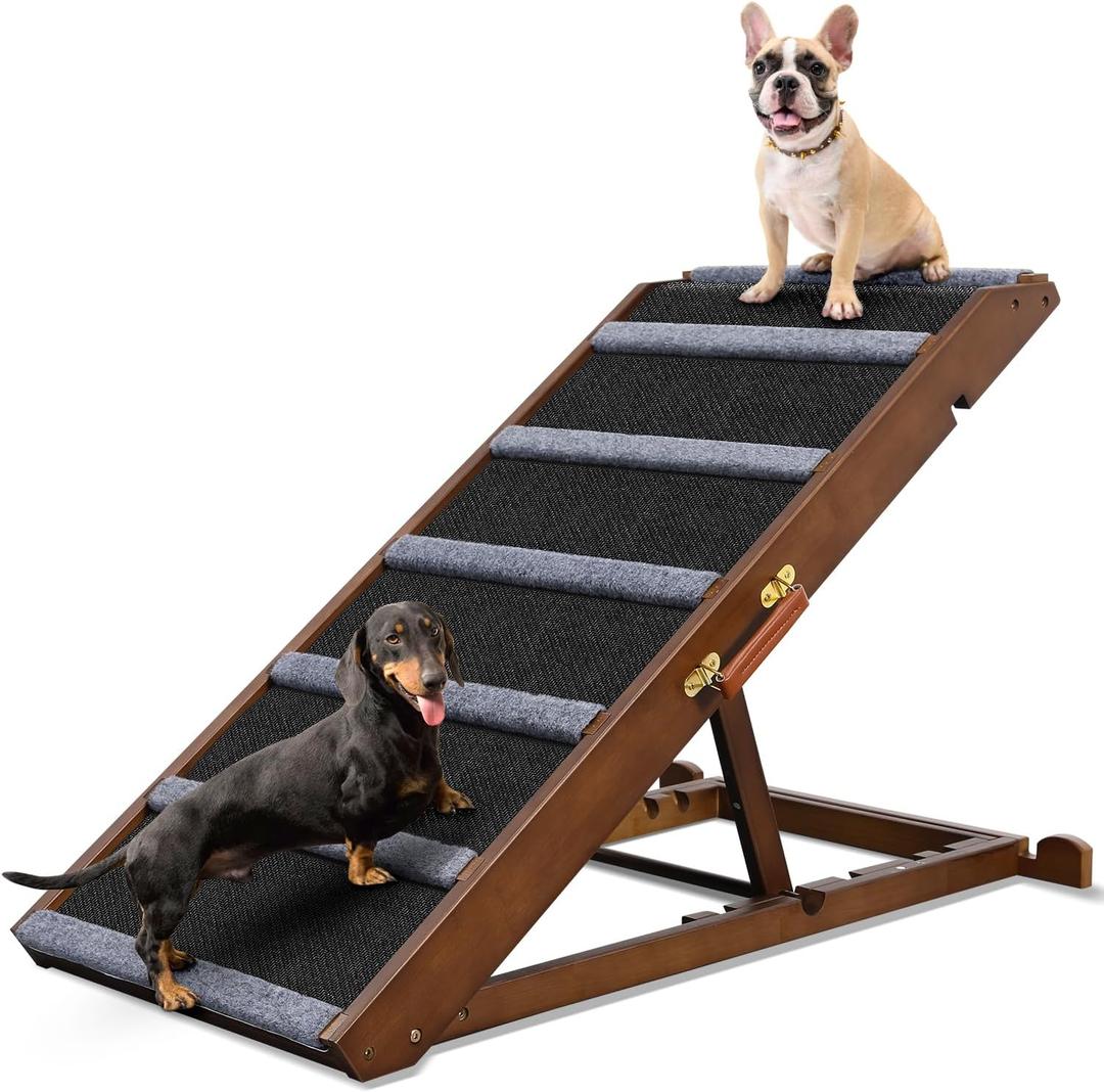 Dog Ramp for Bed, Extra Wide 17", Non-Slip Rubber Surface, Adjustable Folding Pet Ramps for Large Dogs up to 200lbs, Walnut Wood Stairs for Old Dachshund/Labrador to Get on High Couch or Car