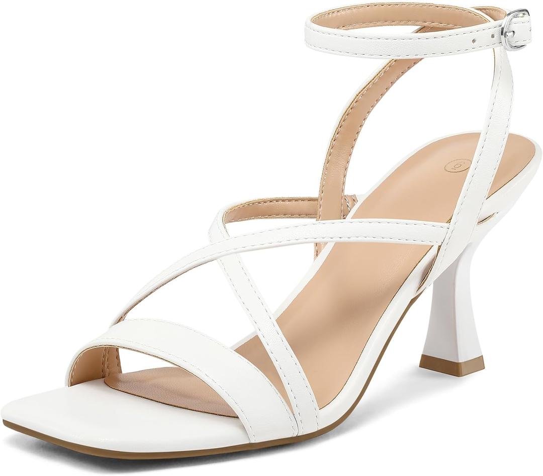 mysoft Women's Strappy Stiletto Heels Open Square Toe Ankle Strap Dress Shoes 3 Inch Kitten Heeled Sandals (8, Cross-white Pu)