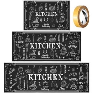 Bencailor 3 Pieces Kitchen Rugs Set Non Slip Washable Kitchen Mats Farmhouse Welcome Door Mat Floor Rugs Absorbent for Home Laundry Living Room and Hallway,3 Sizes (Black)