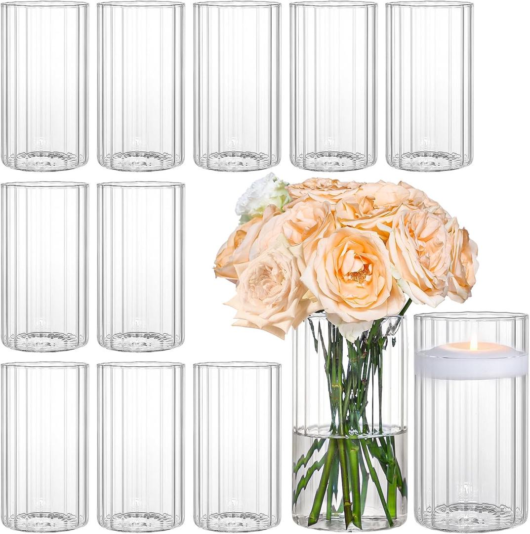 12pcs Glass Cylinder Vases for Centerpieces, 6 Inch Clear Ribbed Flower Vases for Wedding Decorations, Indoor Home Decor, Hurricane Candle Holder for Table Shelf