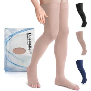 Doc Miller Thigh High Open Toe Compression Stockings 15-20mmHg for Varicose Veins, Pregnancy Support Open Toe Thigh High Compression Socks for Women and Men (XX-Large, Beige)