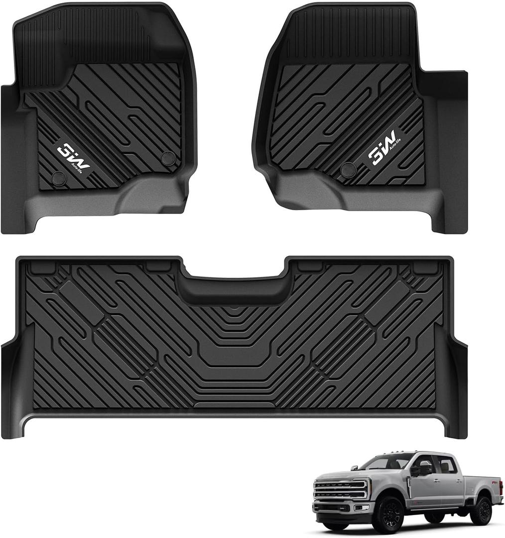 3W Floor Mats Fit for Ford F250 F350 F450 F550 2017-2024 2025 Super Duty Crew Cab Bucket Seat with Under Seat Storage, All Weather TPE Custom Fit F 250 Floor Liner(Not for Vinyl Floor), Upgraded
