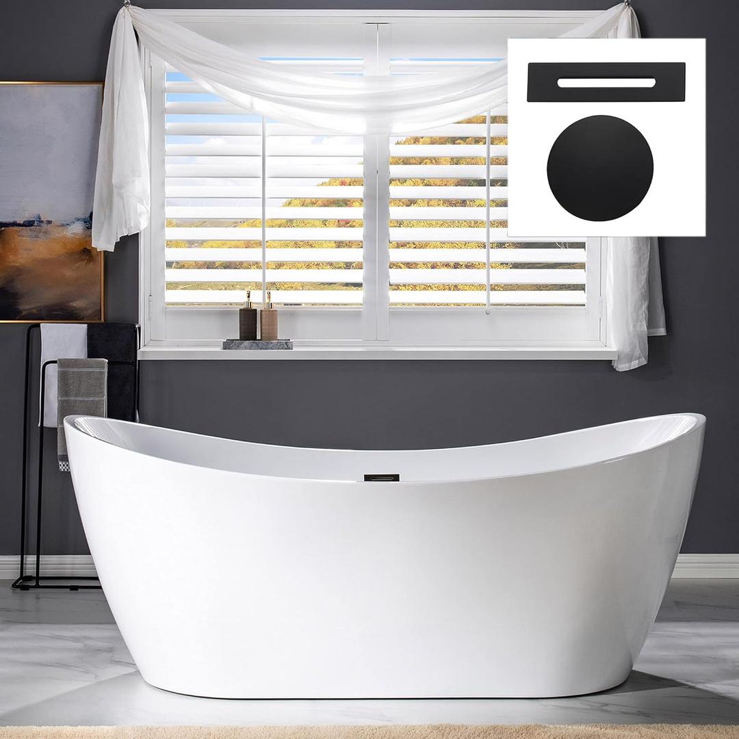 WOODBRIDGE 71" Acrylic Freestanding Bathtub Contemporary Soaking Tub , White Acrylic ( Matte Black Drain/Overflow),B0017 MB Drain &O