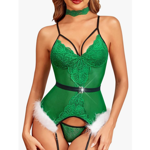 Christmas Lingerie for Women Santa Dress Lingerie Babydoll Lace Chemise Strappy Underwire Push Up Bra Size S
