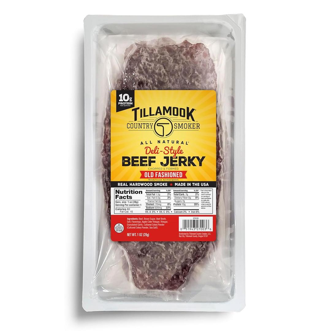 Tillamook Beef Jerky, Country Smoker Old Fashioned Deli Style Thin Sliced Slab, Low Carb, High Protein, Ready to Eat Keto Snacks, Chopped & Formed Slabs,12 Count Tray