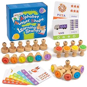 Alphabet Number Stamps for Kids, Wooden ABC Spelling Letter Stampers Set with Flashcard Mathematics Learning Number Stampers Arts & Crafts Supplies, Montessori Toy Gifts for 3 4 5 Year Old
