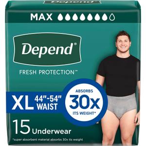 Depend Fresh Protection Adult Diapers, Incontinence Underwear for Men, Disposable, Maximum, Extra-Large, Grey, 15 Count, Packaging May Vary