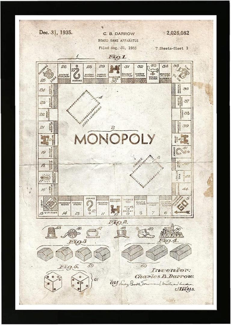 Entertainment and Hobbies Framed Wall Art Prints 'Monopoly 1935 Parchment' Board Games, 19"L x 13"W