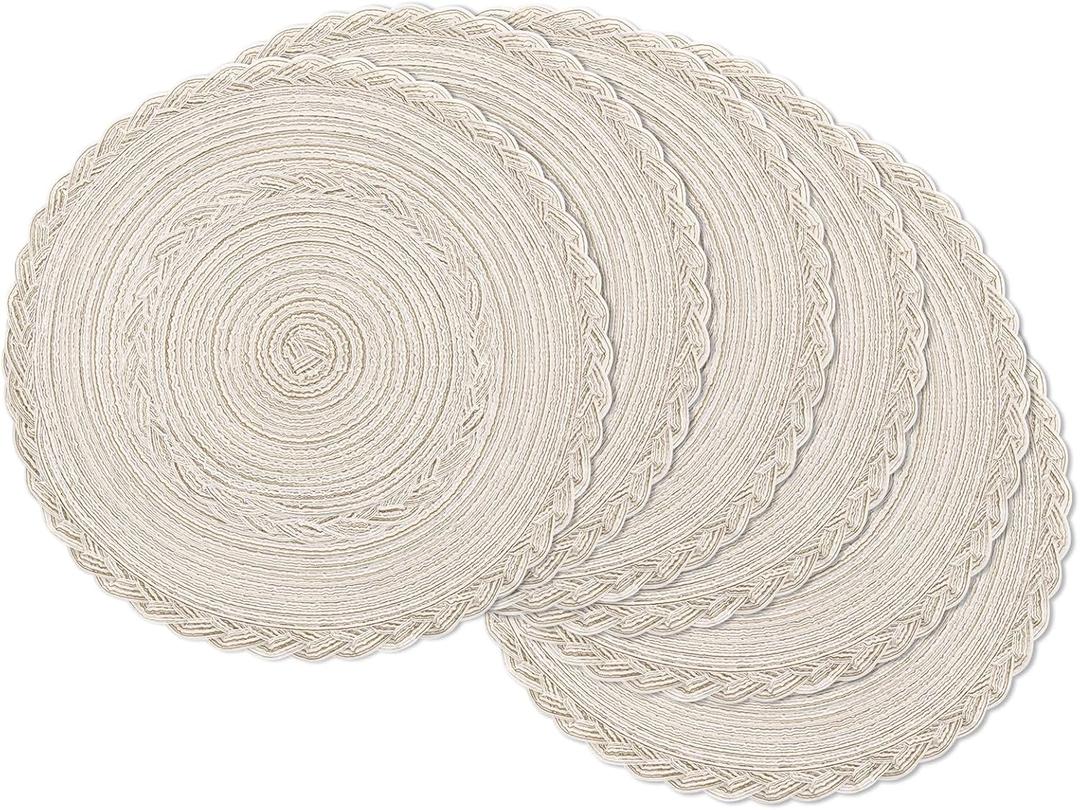 6 x SHACOS Round Placemats Set of 6 Boho Braided Bordered Place Mats 15 inch for Dining Tables Wedding Holiday Party (Ivory Bordered, 6)