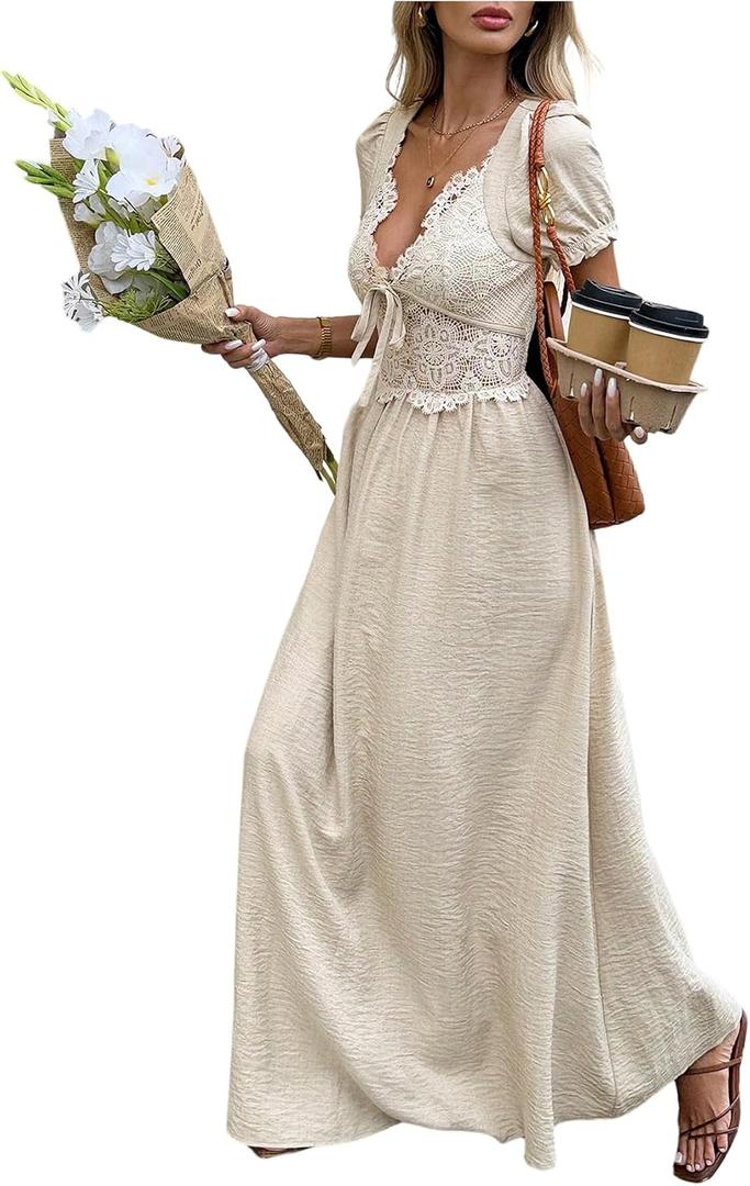 SHENHE Women's Lace Deep V Neck Puff Short Sleeve Tie Bow Backless A Line Flowy Maxi Dress (M)