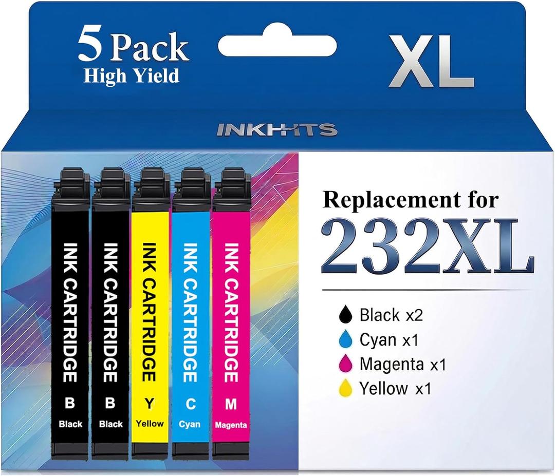 Remanufactured for Epson 232XL Ink Cartridges Combo Pack for Epson 232XL 232 Ink Work with XP-4200 XP-4205 Workforce WF-2930 WF-2950 Printer (5 Pack, 2 Black 1 Cyan 1 Magenta 1 Yellow)