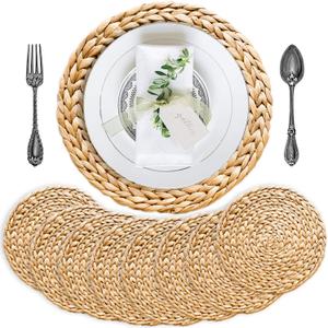 Woven Placemats Set of 8, Table Mats Set of 8, Water Hyacinth Round Placemats for Round Table, Chargers for Dinner Plates, Wicker Chargers for Dinner Plates, Woven Placemat, Place Mats 13.4 in