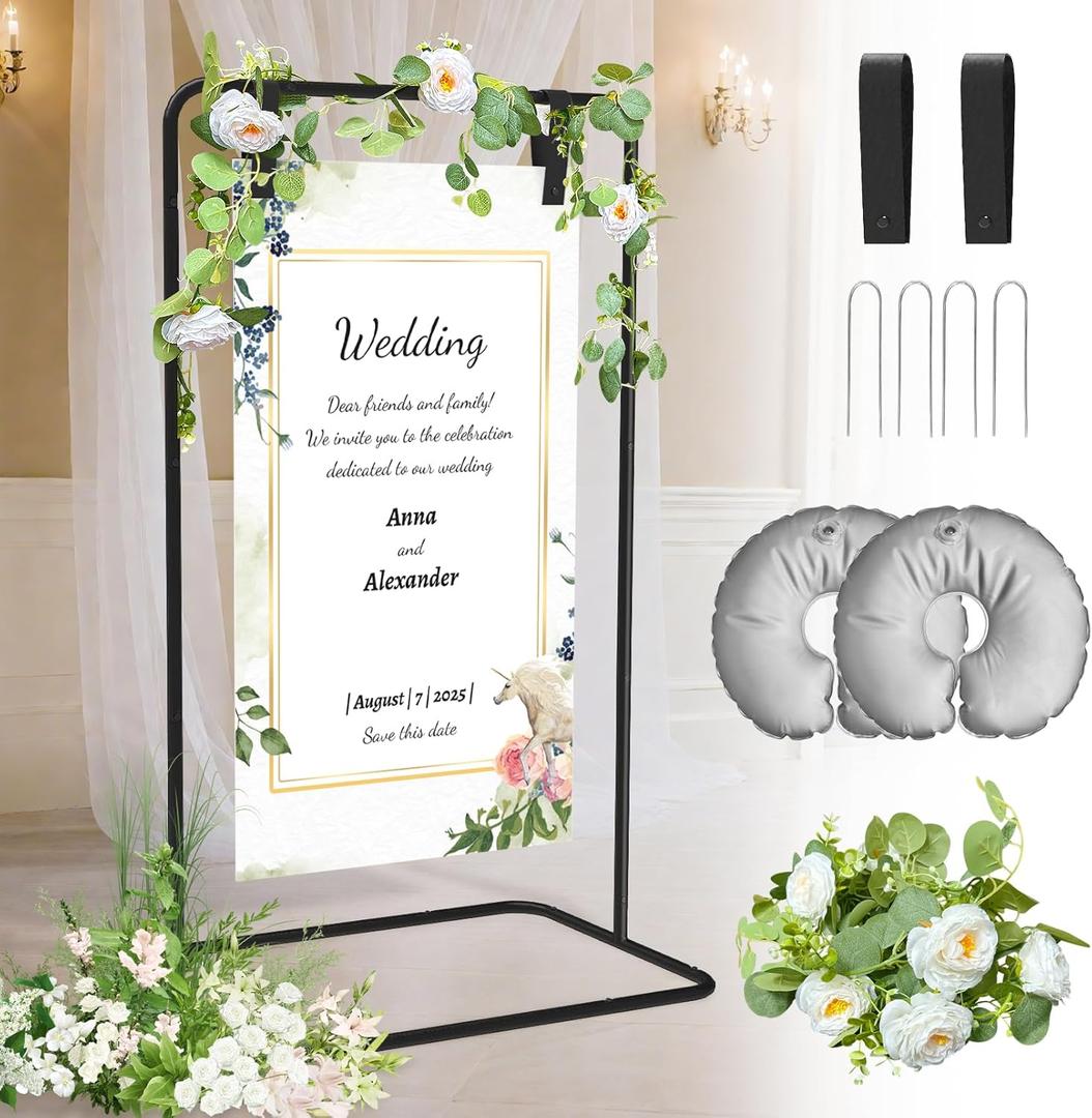 Wedding Welcome Sign Stand, Welcome to Our Wedding Sign Holder with Anti-Tipping Water Bag, Ground Staples, Decorative Flower and Hanging Strap, Gold Easel Stand for Wedding Decor, Baby Shower, Outdoor Party (Black)