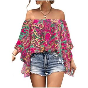 BEAUDRM Women's Y2K Floral Off Shoulder Blouse Boho Shirt Ruffle Half Bell Sleeve Blouses Shirred Vacation Beach Shirt Size Medium BEAUDRM Women's Y2K Floral Off Shoulder Blouse Boho Shirt Ruffle Half Bell Sleeve Blouses Shirred Vacation Beach Shirt Size Medium