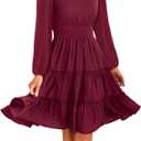 Zattcas Women 2026 Long Sleeve Fall Dress V Neck Smocked Waist Casual Flowy A Line Tiered Work Knee Length Dresses, Large, Long Sleeve- Wine Red 