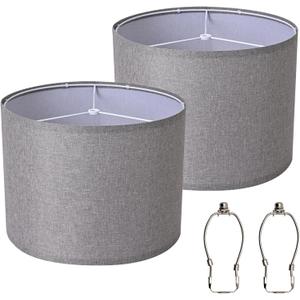 Set of 2 Grey Linen Blend Lamp Shades, Drum Table Lamp Shades Replacement, 13 Top x 13 Bottom x 9.8 High, Spider Fitter with Metal Harps Included, for Bedroom & Bedside (Assembly Required)