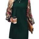 MakeMeChic Women's Summer Long Sleeve Floral Sheer Dress Wedding Guest Mesh Crew Neck Lace Black Mini Dresses Dark Green