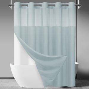 SORTTO No Hook Slub Textured Shower Curtain with Snap in Liner - Blue Fabric Outer Curtain & Waterproof Inner Liner, Hotel Style with See Through Top Window, 71x74 in