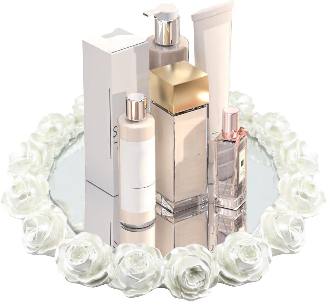Gold Mirror Tray, Round Bathroom Countertop Gold Tray for Vanity, Tray for Dresser Decor, Perfume and Lotion Organizer (White, 7.48 in)