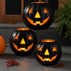 Tujoe 3 Sets Halloween Metal Jack O Lanterns Pumpkin with 3 LED Candles with Black Creepy Cloth Decoration Bundle Rustic Indoor and Outdoor Decor
