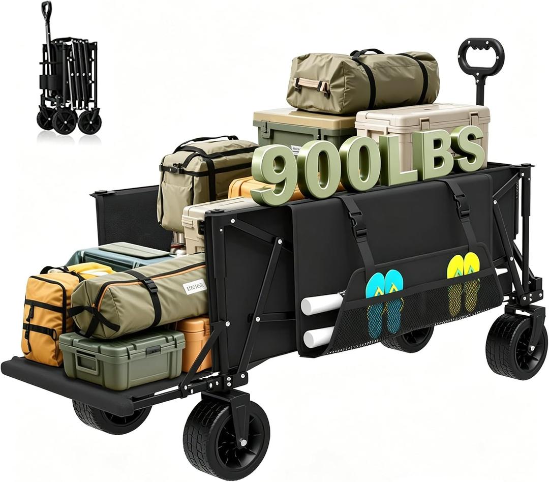 ZENPETIO 49" Collapsible Wagon Cart, 900LBS Heavy Duty Extra Long Folding Utility Wagon, 300L Large Capacity Wagon with Extender All-Terrain Big Wheels with Brakes for Camping, Garden, Sports, Grocery
