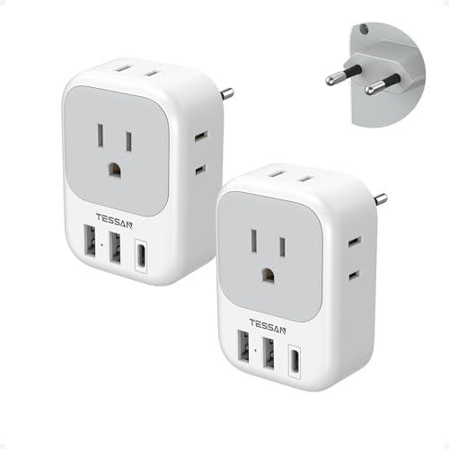European Plug Adapter USB C, TESSAN US to Europe Adapter 4 Outlets 3 USB Charger, Type C International Power Adaptor to Italy Spain France Portugal Iceland Germany, Europe Travel Essentials, Pack of 1