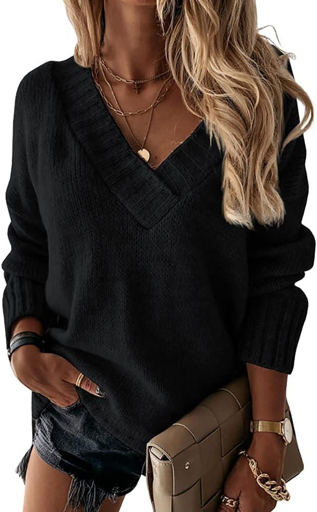 Womens Loose Sweaters Sexy V Neck Long Sleeve Solid Knitted Jumper Pullover Sweatshirt Tops (Size Medium, Black)