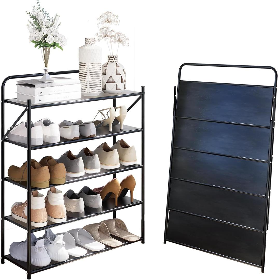 5 Tier No-Assembly Shoe Rack, Foldable Shoe Rack Organizer Without Installation, Portable Solid Metal Shoe Shelves for Closet, Entryway, Front Door Entrance