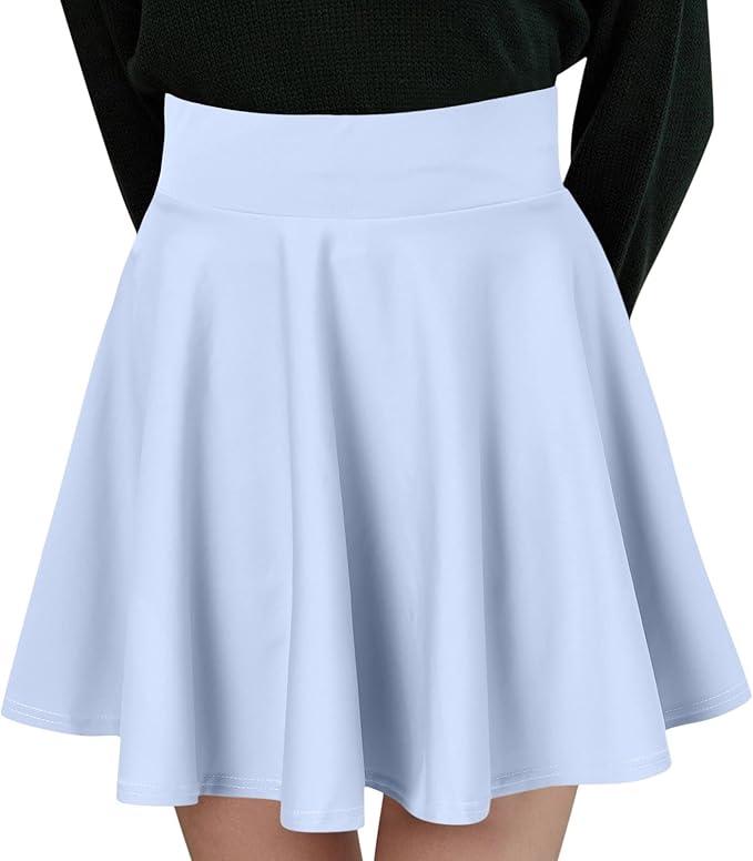 THHGPO Women's Casual Basic Skirts Flared Skater Mini Skorts A Line Elastic Waist Skirt with Built-in Shorts, Blue, L