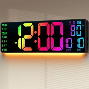 16.5" Large Digital Wall Clock: 11 RGB Color LED Display with Remote Control, Auto DST, Temperature & Date, Big Number Wall Clock for Seniors, Classroom, Office, Gym, Home Decor Black