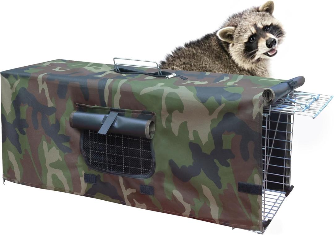 Live Feral Cat Trap Cage Camouflage Cover with Cover, Heavy Duty Folding Animal Traps Cage for Stray Cats, Large Humane Cat Trap for Raccoon, Squirrel, Skunk, Catch and Release, 32"L x 10"W x 12"H