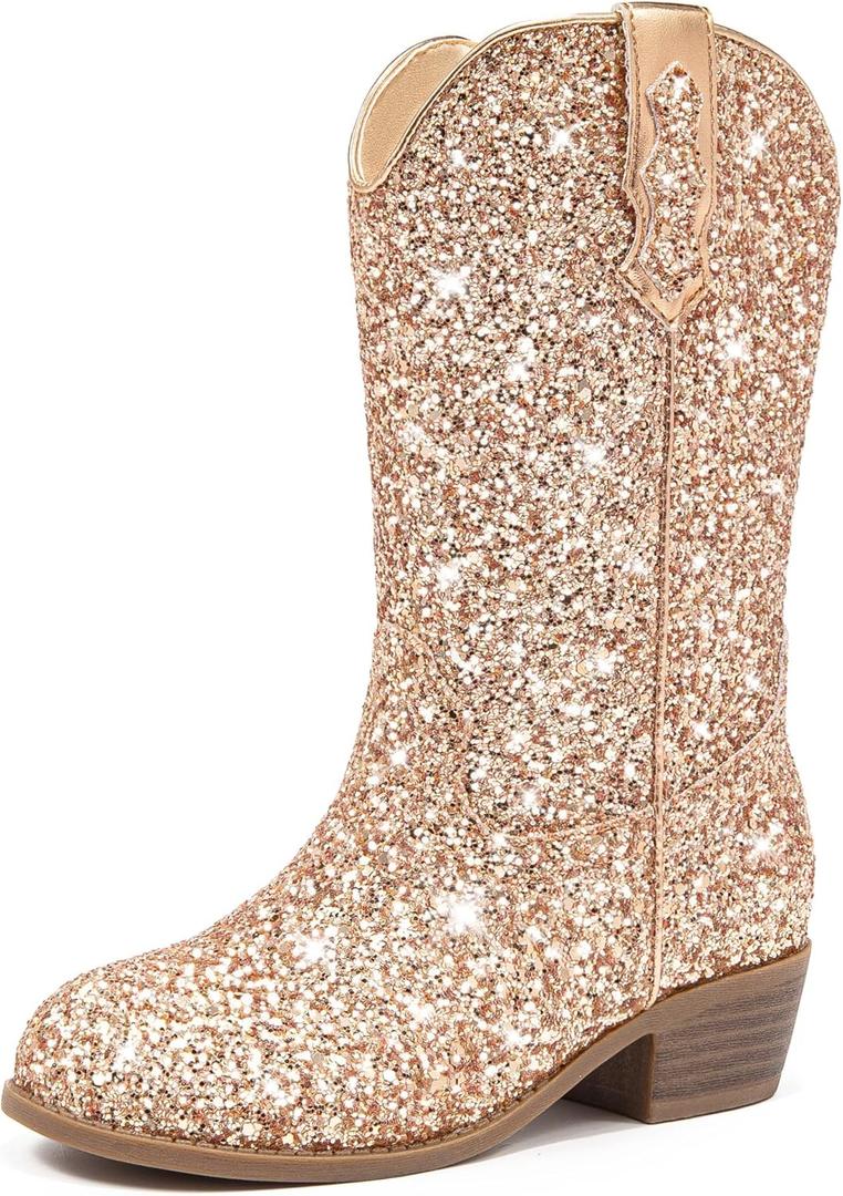 Motasha Glitter Girls Cowgirl Boots Sparkly Cowboy Dress Boots For Toddler To Big Kid Mid Calf Pointed Toe Party Birthday Horse Riding, Size 1