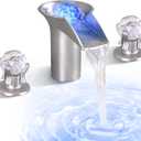 SKOWLL LED Waterfall Bathroom Faucet, Rotating Crystal with 3 Hole 8 Inch, 2 Handle Bathroom Faucets, Brushed Nickel