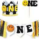 One Happy Dude Birthday Decorations - One Happy Dude High Chair Banner with CakeTopper, 1st Birthdays Hat Crown for 1st Birthday Decoration Boys Girls