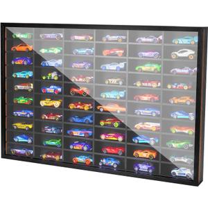 Model Car Collectors Showcase, 1/64 Scale Diecast Matchbox Wheels Car Display Frame Case with 60 Compartments, Wooden Dustproof Cabinet Box for Collectibles, Black, 16.27" X 24.09" X 1.95"