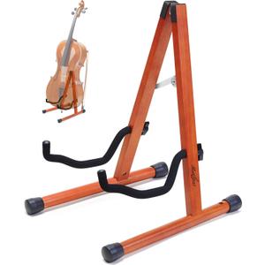 Cello Stand with Bow Holder, Mahogany Wooden A-Shape Floor Stand with Padded Foam, Handcrafted Cello Rack Fits 1/2, 3/4, 7/8, 4/4 Full-Size and Guitar, Instrument Holder for Home and Studio Display