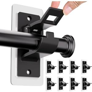 8PCS No Drill Curtain Rod Bracket, Self Adhesive Curtain Rod Holders, No Hole, Multipurpose Nail Free Curtain Rod Hooks for Bathroom Living Room Kitchen and Bedroom (Black) (8 Pack)