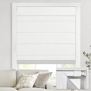 UNISHADES no Drill Cordless Roman Shades for Windows, 38" W × 64" H - 100% Blackout - Linen - Mist White