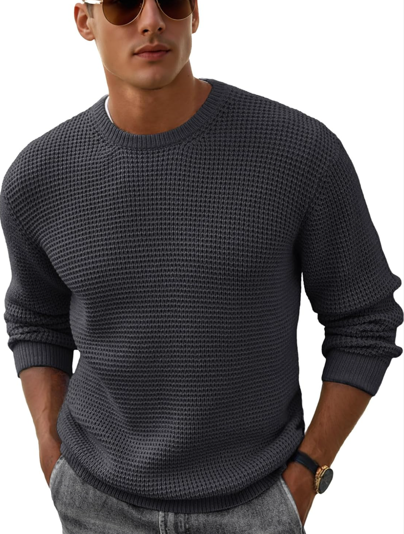 Askdeer Men's Crewneck Pullover Sweater Waffle Textured Long Sleeve Casual Knit Sweater Tops, Size 2XL