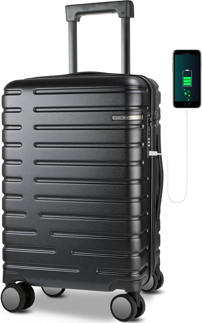 EMPSIGN Carry On Luggage with Spinner Wheels, Hard Shell Carry-On Expandable Suitcase 21x14x9 Airline Approved & Built-in TSA Lock, Durable Travel Rolling Suitcase, Carry-On 20-Inch, Black