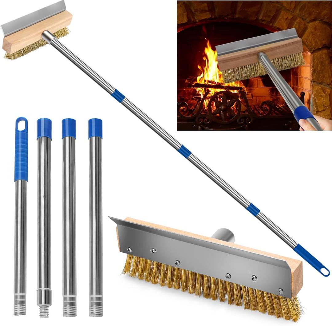 Pizza Oven Brush with Scraper and 4 Sections Detachable Long Rod and Scraper-Oven Brush for Removing Deep Burned-On Residue | Ideal for Pizza Shelf & Large Grills and Pizza Oven Accessories