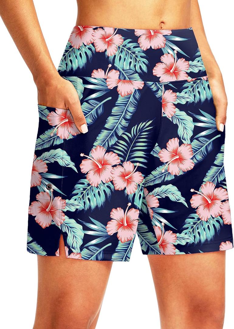 G Gradual Women's 7" Long Swim Board Shorts High Waisted Quick Dry Beach Swimming Shorts for Women with Liner Pockets (X-Large, Navy Flower)
