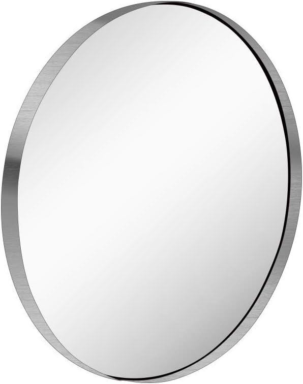 28-Inch Circle Wall Mounted Mirror - Brushed Nickel Silver Round Glass Panel, Deep Set Design, Stainless Steel Frame for Bathroom, Entryways, Living Rooms (28"L x 28"W)