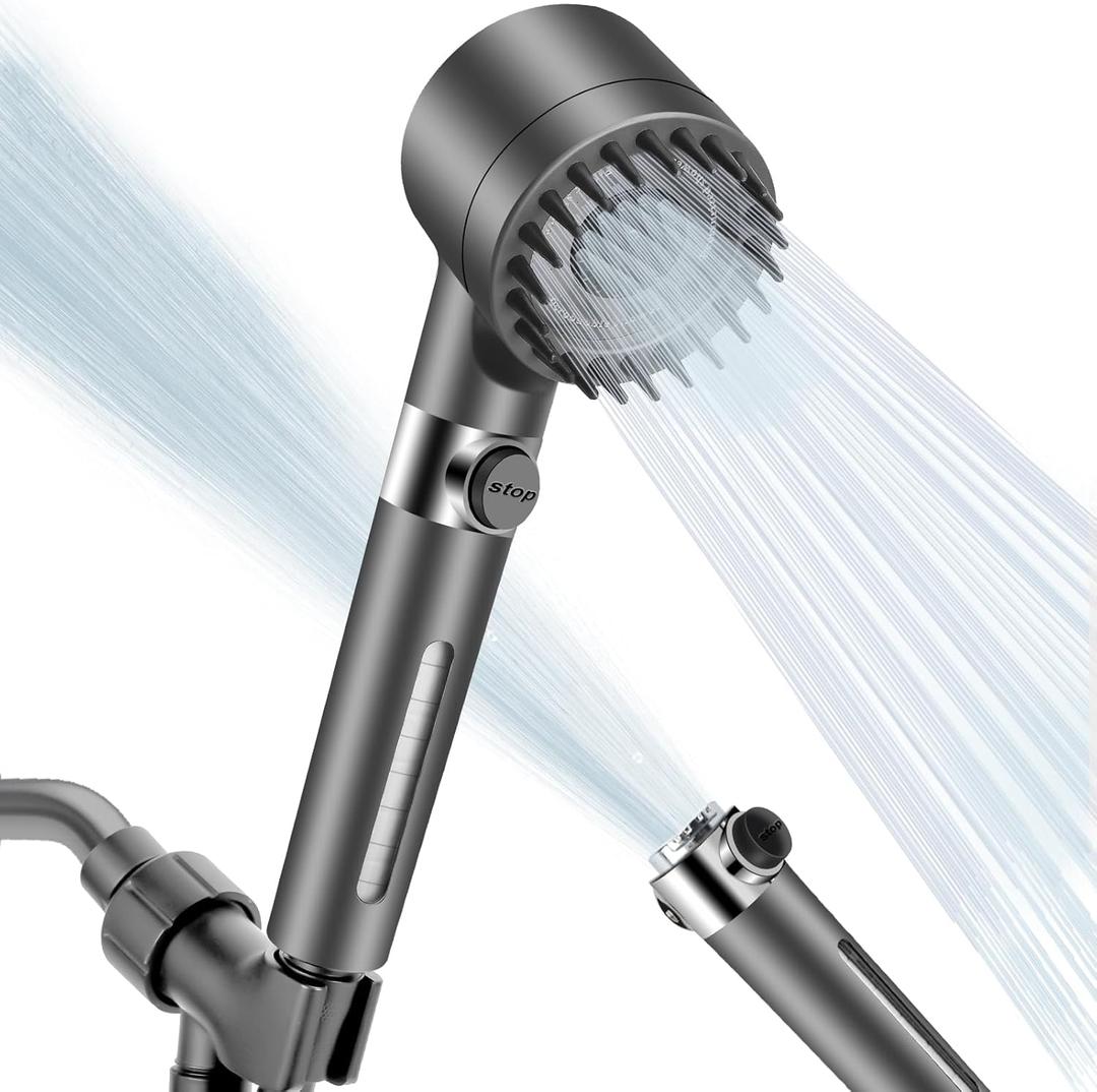 Luxsego High Pressure Shower Heads with Scalp Massager Shampoo Brush for Skin & Hair Care, Filtered Shower Head with Handheld Sprayer Soften Hard Water, 3 Settings 4 in 1 Detachable Showerhead Set (Gray)