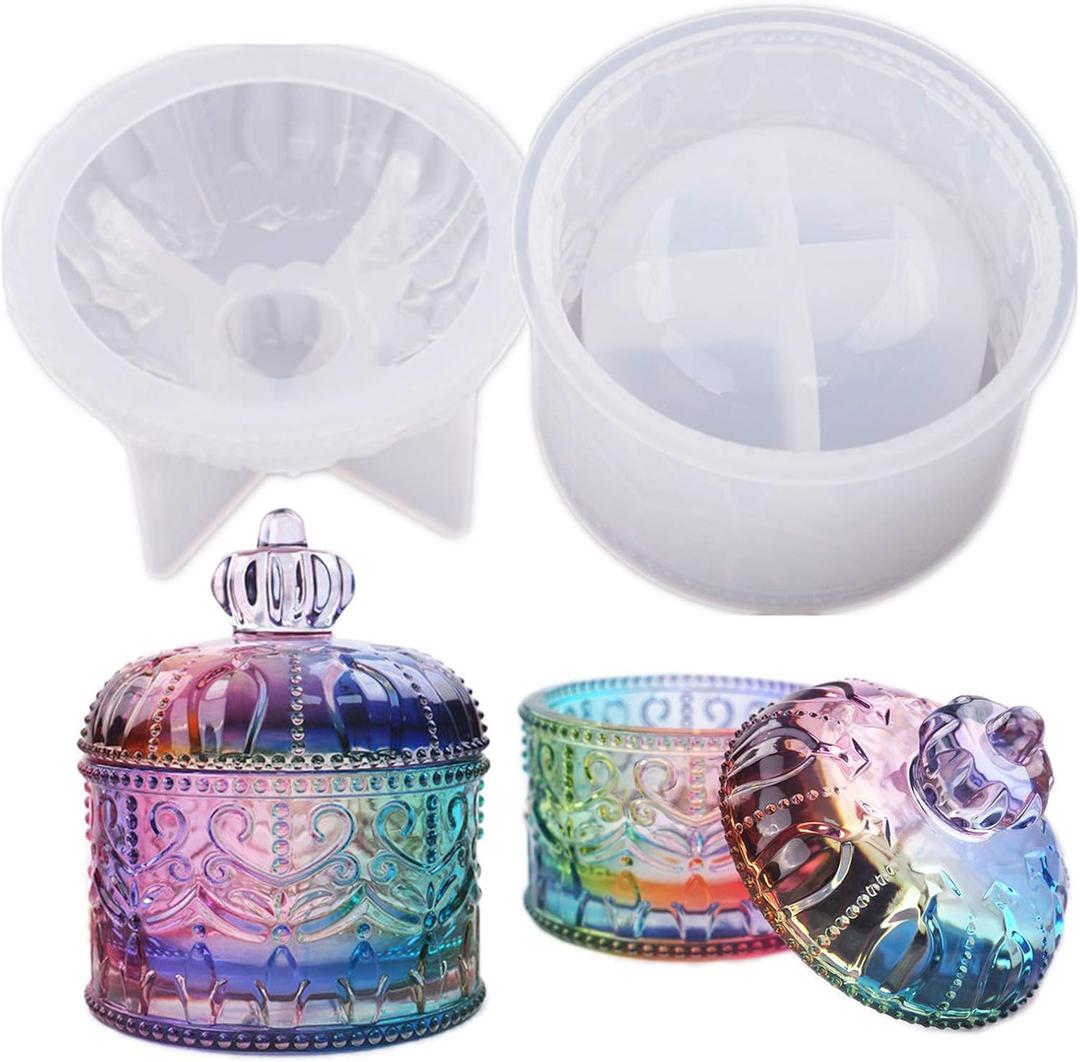 Vintage Jar Resin Mold with Lid Silicone Storage Box Mould for Epoxy Casting DIY Resin Crafts Kits Rustic Bottle Display Jewelry Trinket Container Candle Holder Home Decor Organizer Gift (Round-Shaped)