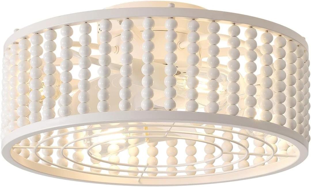 Ceiling Fans with Lights and Remote - Bulbs Included, Caged Fandelier with Handcrafted Beaded Dcor 19 inches Reversible Flush Mount Installation Ceiling Fan, Off-White