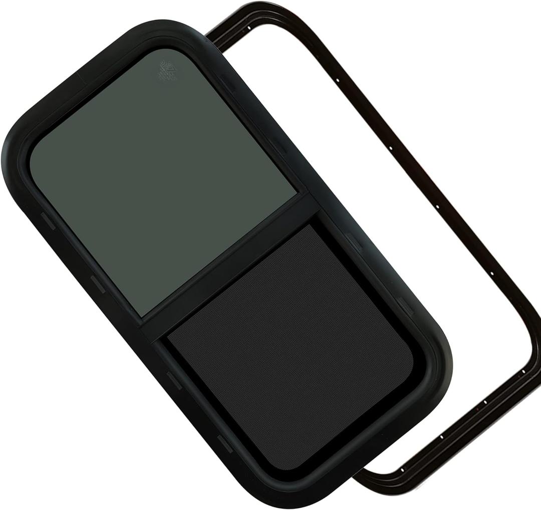 Aucuda RV Window 30x15 with Trim Kit for Camper Replacement in Winter, Horizontal Sliding Windows with Screen for Cargo Trailer 1-3/4" Wall, Teardrop Door Window Tint Shade Glass, DOT Certificated.