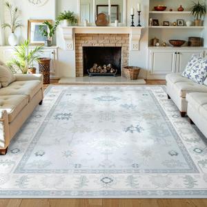 LIVEBOX Washable Oushak Gray 8 x 10 Area Rug, Soft Floral Rugs for Living Room, Non Slip Boho Dining Room Rug Under Table, Turkish Ultra Thin Floor Carpet for Bedroom Playroom, Grey
