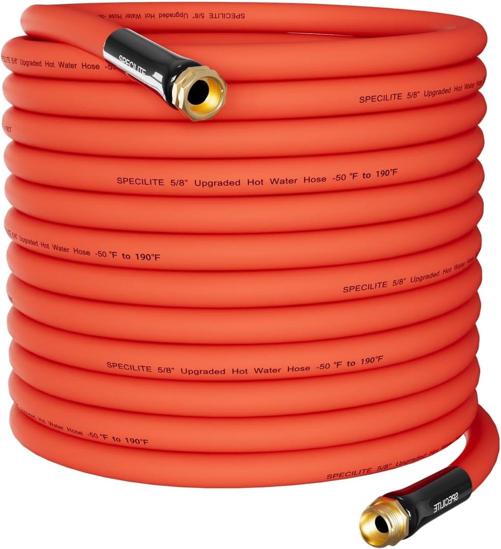 SPECILITE 5/8" Hot/Cold Garden Water Hose 125 ft, -50-190,Flexible & Lightweight With 3/4" Brass Fittings for Yard, Outdoor, Farm, Red