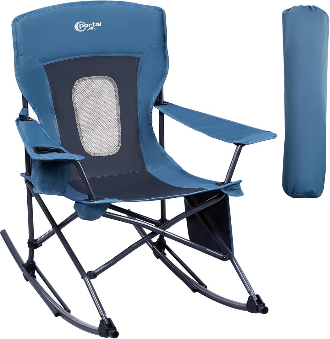 PORTAL Folding Camping Rocking Chair Portable Outdoor Rocker High Back Cup Holder Side Pocket Carry Bag Included, Support 300 lbs (Blue)